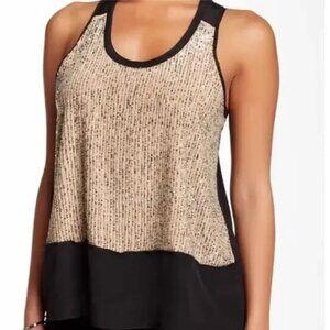 Eileen Fisher Silk Tank Race-back Sleeveless Sequin Beaded Top Gold  Black XS/TP